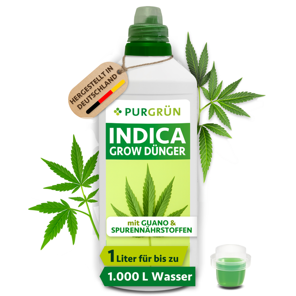 Purgrün Indica Grow Dünger mit Guano und Spurennährstoffen in 1 Liter Flasche, hergestellt in Deutschland.