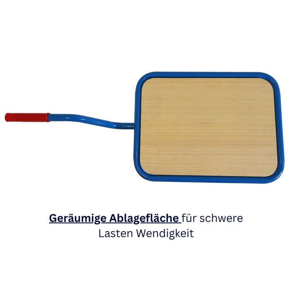 Blauer Transportwagen mit geräumiger Holz-Ablagefläche und rotem Griff für schwere Lasten und hohe Wendigkeit.