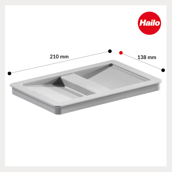 Hailo Logo, graue Kunststoffschale mit den Maßen 210 Millimeter mal 138 Millimeter.