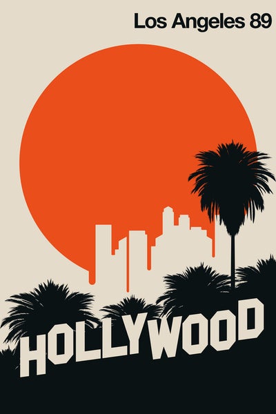 Grafik mit Skyline von Los Angeles, Palmen und Hollywood Schriftzug