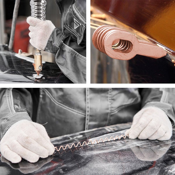 Ein Mann arbeitet mit einem Ausbeulwerkzeug an einer Autokarosserie, um Dellen zu entfernen.