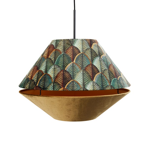 Pendelleuchte mit zweiteiligem Schirm, Oberteil mit Blattmuster und Unterteil aus Samt.