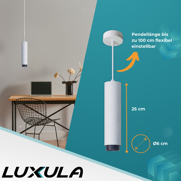 Luxula Hängeleuchte über einem Schreibtisch mit Laptop und Blumenvase