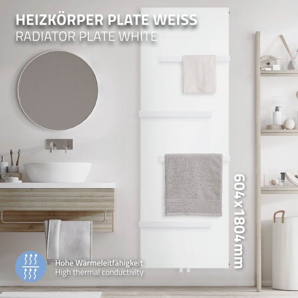 ML-Design Badheizkörper 1800x604 mm Weiß mit 4x Handtuchhalter, Flach Einlagig, Design Heizkörper mit Mittelanschluss Vertikal Planheizkörper Glatte Vertikalheizkörper Paneelheizkörper Flachheizkörper