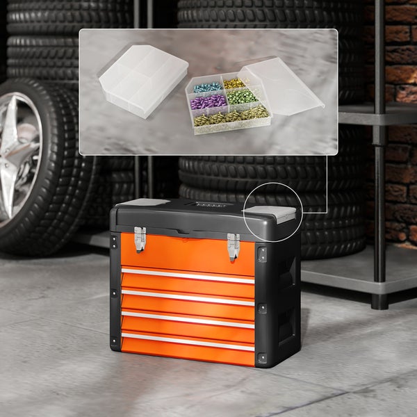 Werkzeugkiste mit mehreren Schubladen in einer Werkstatt