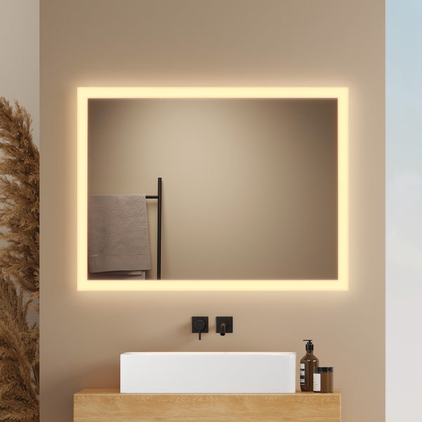 EMKE Badspiegel mit Beleuchtung 80x60 cm, Warmweiß, 24W, rostfreier Spiegel, Aluminiumrahmen Weiß, flexibel montierbar, IP44, für Bad