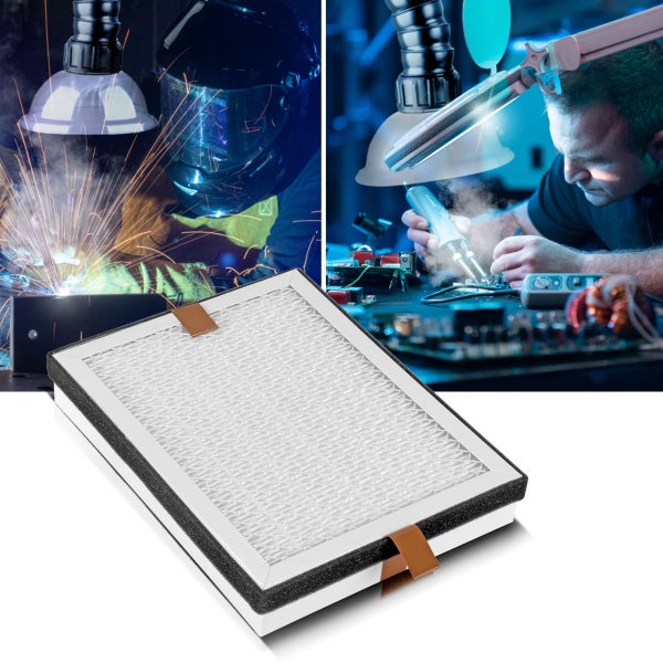 Ersatzfilter für Schweißrauch- und Lötrauchabsaugungen, rechteckig mit weißem Filtervlies und schwarzer Schaumstoffdichtung.