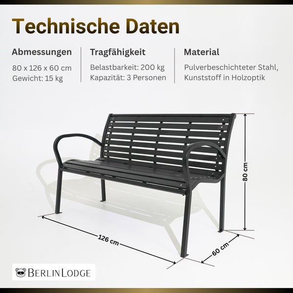 Technische Daten der Gartenbank: 126 mal 60 mal 80 Zentimeter, Traglast 200 Kilogramm, Material Stahl und Kunststoff in Holzoptik, Berlin Lodge Logo.
