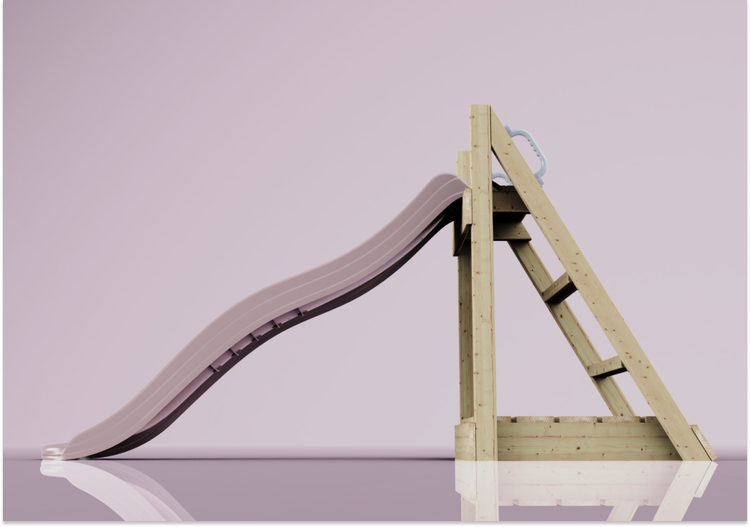 Wellenrutsche aus Kunststoff mit Leitergestell aus Holz und Handgriff für den Garten.