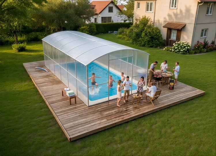Überdachtes Gartenpool mit Poolüberdachung auf einer Holzterrasse, umgeben von einer Gruppe Menschen beim Grillen im Garten.