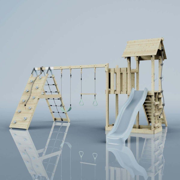 OutdoorToys Spielturm Roskilde aus Holz in Blau Trapezstange