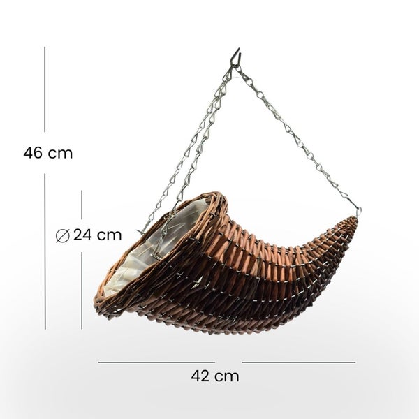 Hängender Pflanzkorb aus Weide in Hornform mit Kette, circa 46 x 42 x 24 cm