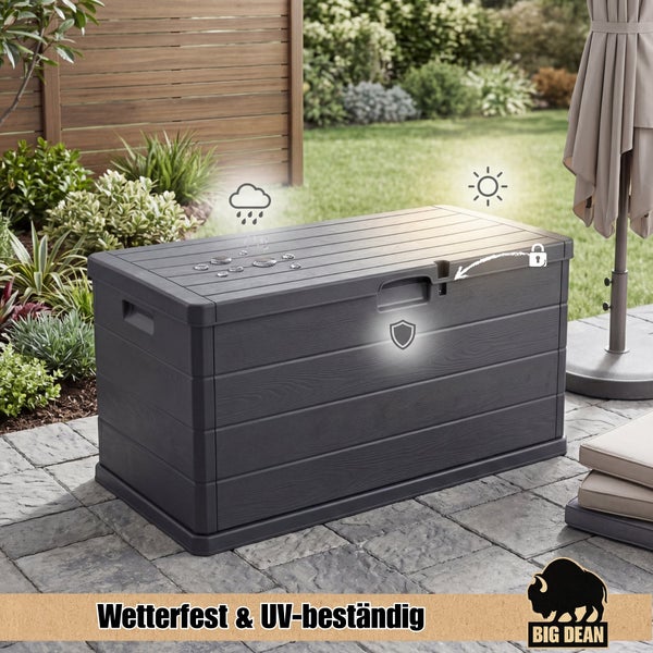Wetterfeste und UV-beständige Auflagenbox aus Kunststoff in Holzoptik mit abschließbarer Vorrichtung für den Garten.