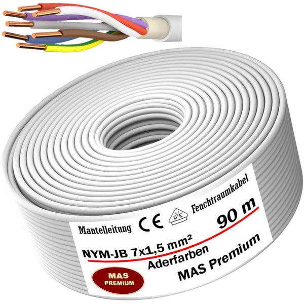 MAS Premium Mantelleitung NYM-J 7 mal 1,5 Quadratmillimeter, Feuchtraumkabel, 90 Meter Kabelring mit Detailansicht der Adern.