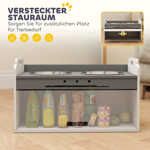 Tierfutterstation mit zwei Edelstahlnäpfen und integriertem Stauraum für Futter und Zubehör.