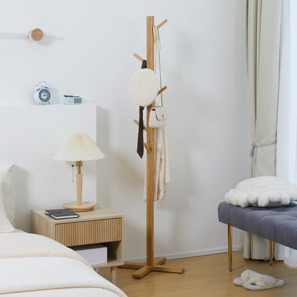 HOMCOM Garderobenständer aus Bambus, Jackenständer mit 8 Haken, Garderobe, Kleiderständer für Schlafzimmer, Flur, Hüte, 49,5 x 49,5 x 178 cm, Natur