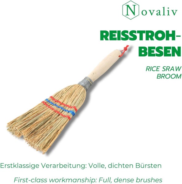 Novaliv Logo. Handfeger aus Reisstroh mit kurzem Holzstiel und dichten Borsten.