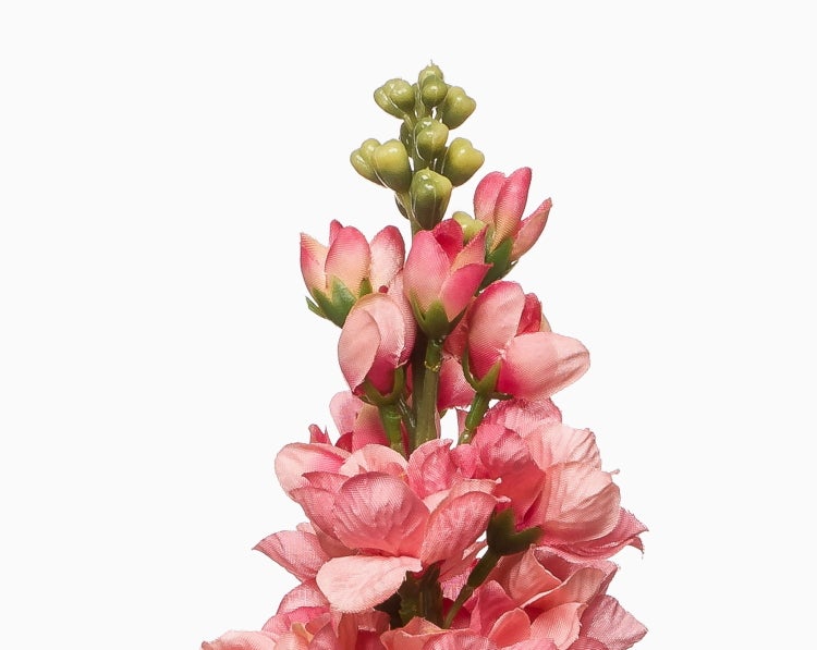 Künstliche Blume in Pink mit grünen Knospen an der Spitze, Detailansicht.