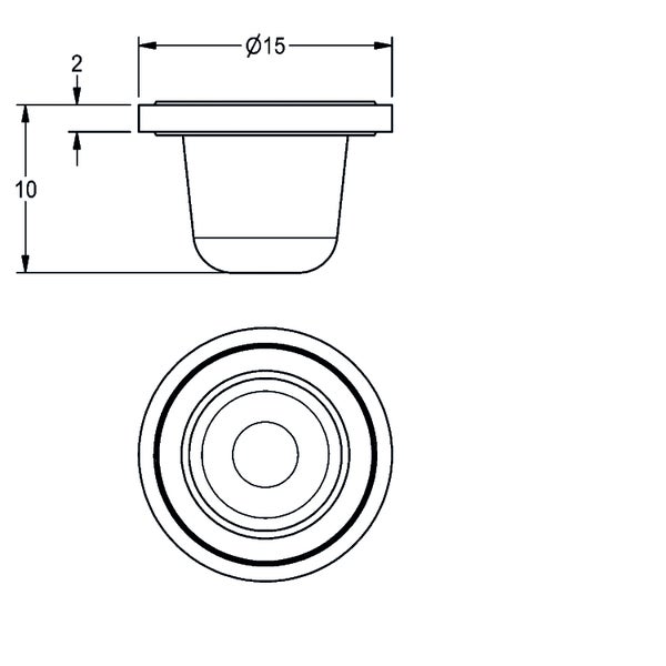 Technische Zeichnung eines runden Stopfens mit Durchmesser 15 Millimeter, Gesamthöhe 10 Millimeter und Randhöhe 2 Millimeter.