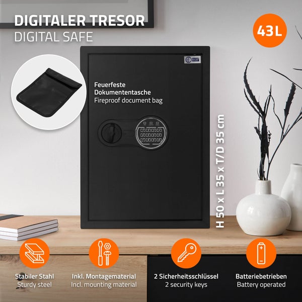 Digitaler Tresor mit feuerfester Dokumententasche, 43 Liter Fassungsvermögen, inklusive Montagematerial und zwei Sicherheitsschlüsseln