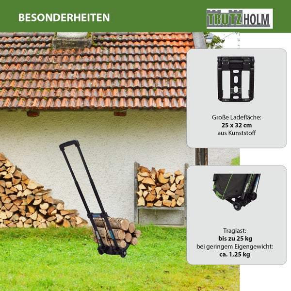 Trutzholm klappbare Sackkarre mit Holzstapel, Ladefläche 25 mal 32 Zentimeter, Traglast bis 25 Kilogramm und Eigengewicht circa 1,25 Kilogramm.
