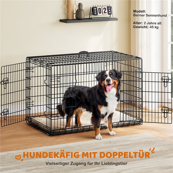 Schwarzer Hundekäfig mit Doppeltür und einem Berner Sennenhund darin.