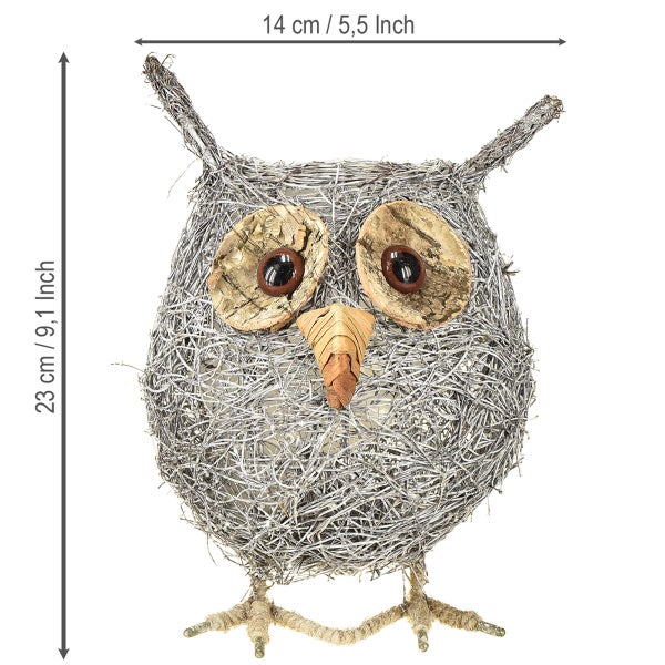 Dekorative Eule aus Draht mit Holzdetails, 23 cm hoch und 14 cm breit.