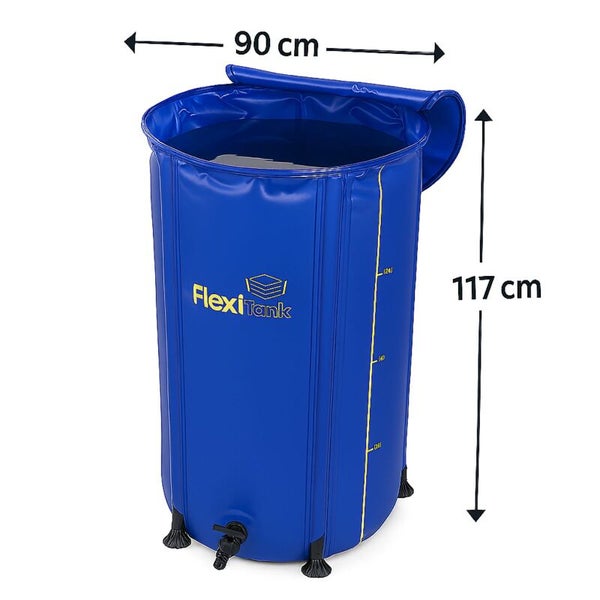 Blauer flexibler Wassertank FlexiTank mit 90 Zentimeter Durchmesser und 117 Zentimeter Höhe, mit Ablasshahn und Standfüßen.