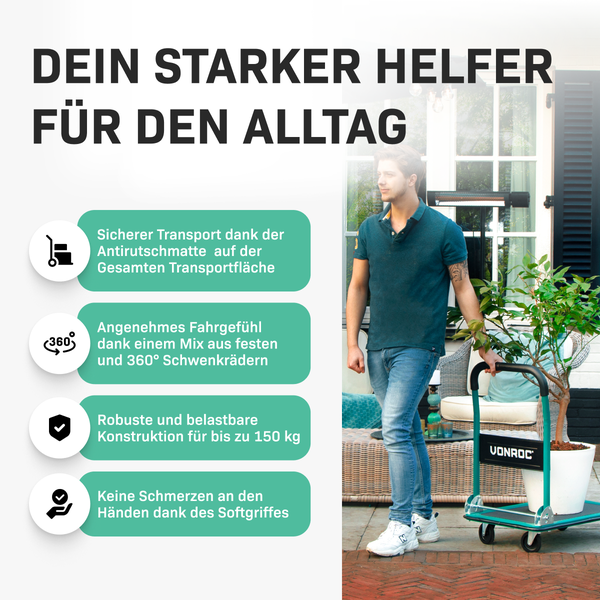 VONROC Plattformwagen klappbar 150kg - Rollwagen als Transporthilfe - Transportwagen mit Griff