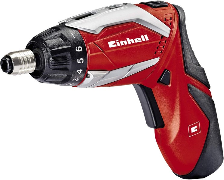 Einhell Akkuschrauber mit Drehmomenteinstellung und Softgriff. Einhell Logo.