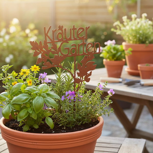 Gartenstecker aus Metall mit Schriftzug Kräuter Garten in Rostoptik, platziert in einem Tontopf mit Kräutern wie Basilikum und Blumen.