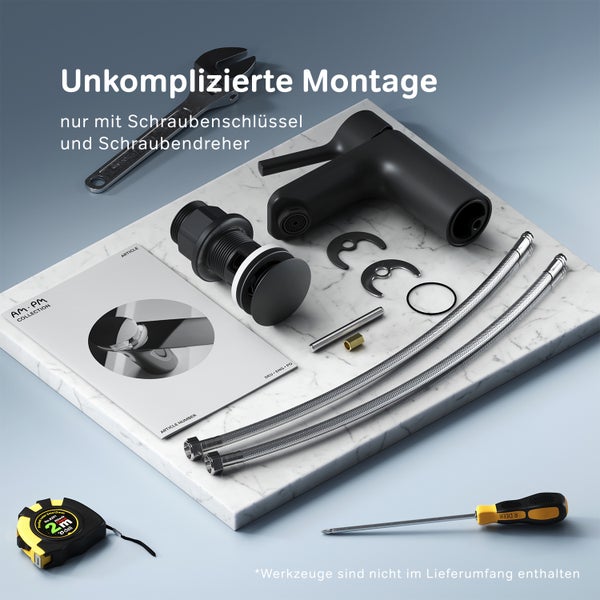 Set mit Waschtischarmatur, Ablaufventil, Anschlussschläuchen und Montageanleitung für eine einfache Installation.