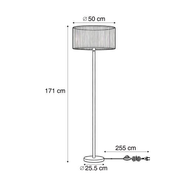 Maßzeichnung einer Stehlampe: Höhe 171 Zentimeter, Schirmdurchmesser 50 Zentimeter, Fußdurchmesser 25,5 Zentimeter, Kabellänge 255 Zentimeter.