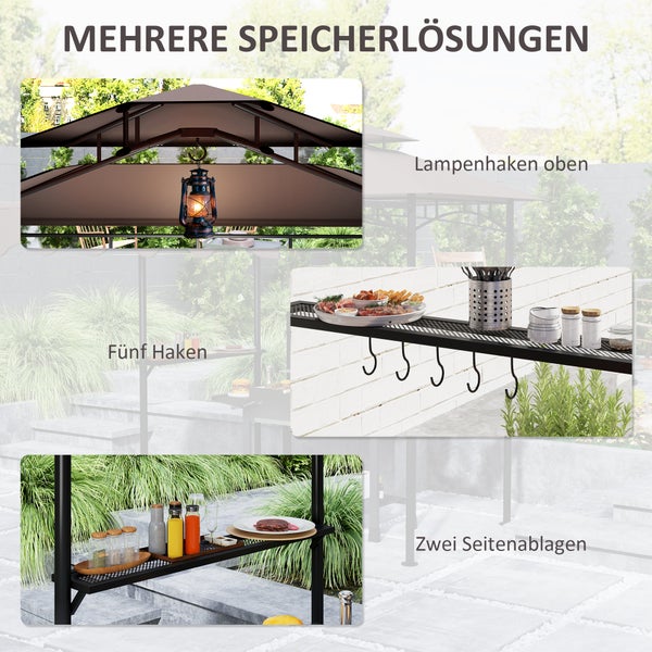 Grillpavillon mit Lampenhaken, einer Ablage mit fünf Haken und zwei Seitenablagen für Grillutensilien.