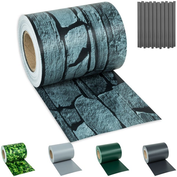 Sichtschutzstreifen für Gittermattenzäune in Steinoptik auf einer Rolle mit verschiedenen Designbeispielen.