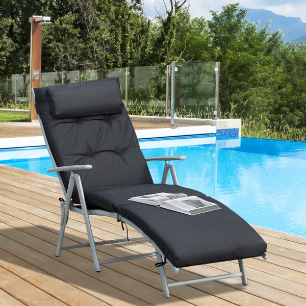 Outsunny Sonnenliege, Gartenliege, klappbar, verstellbar, mit Kissen, 137 x 63,5 x 100,5 cm, Metall, Stoff, Schwarz