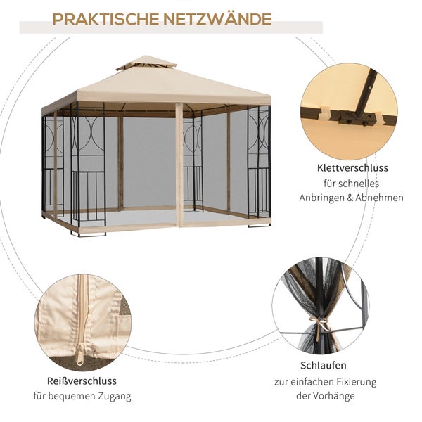 Outsunny Pavillon, mit 4 Ablagen, wetterfest, 2,98 x 2,98 m, Metall + Polyester, Beige