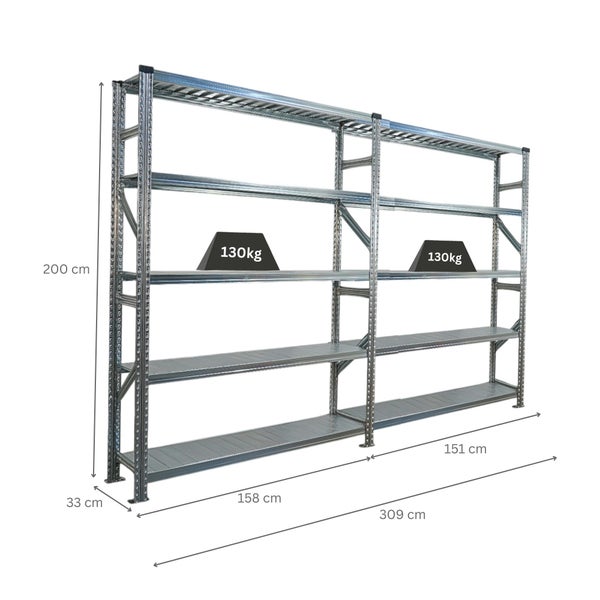 Metallregal mit den Maßen 200 x 309 x 33 cm und einer maximalen Belastbarkeit von 130 kg pro Regalboden.