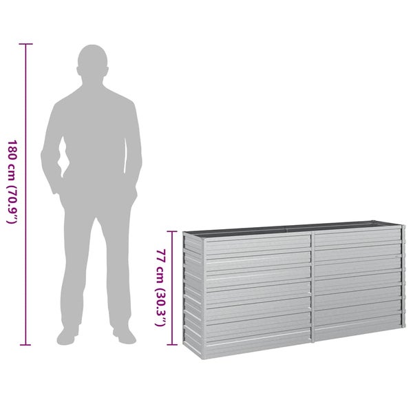Rechteckiges Hochbeet aus Wellblech mit einer Höhe von 77 Zentimetern, dargestellt neben einer 180 Zentimeter hohen Personensilhouette.