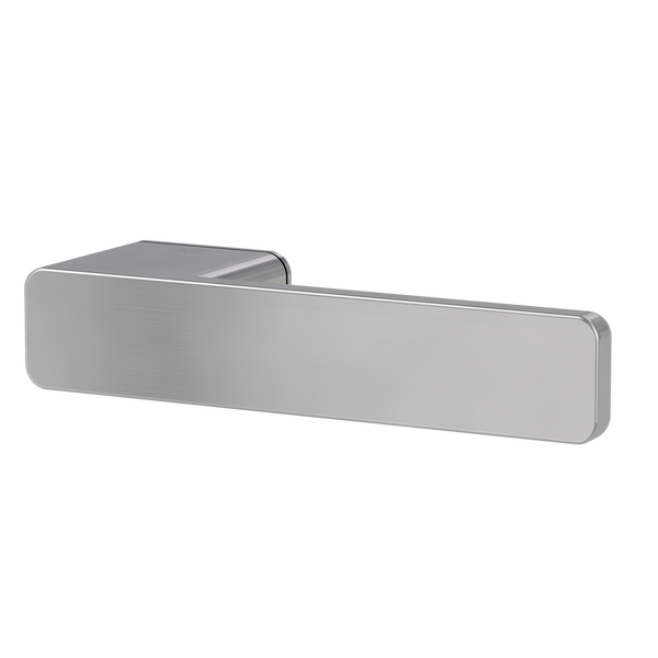 Moderner, rechteckiger Türdrücker aus gebürstetem Edelstahl in schlichtem Design.