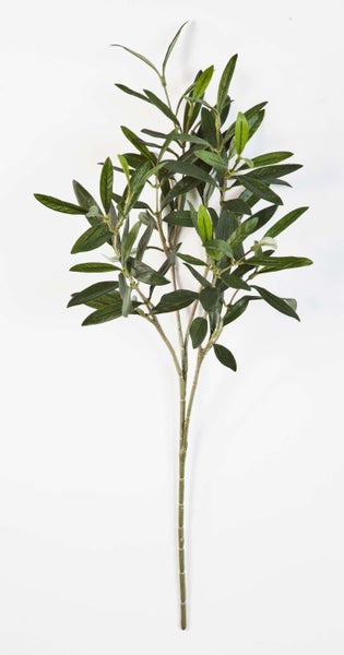 Künstlicher Olivenzweig mit grünen Blättern und fein verzweigtem Stiel.