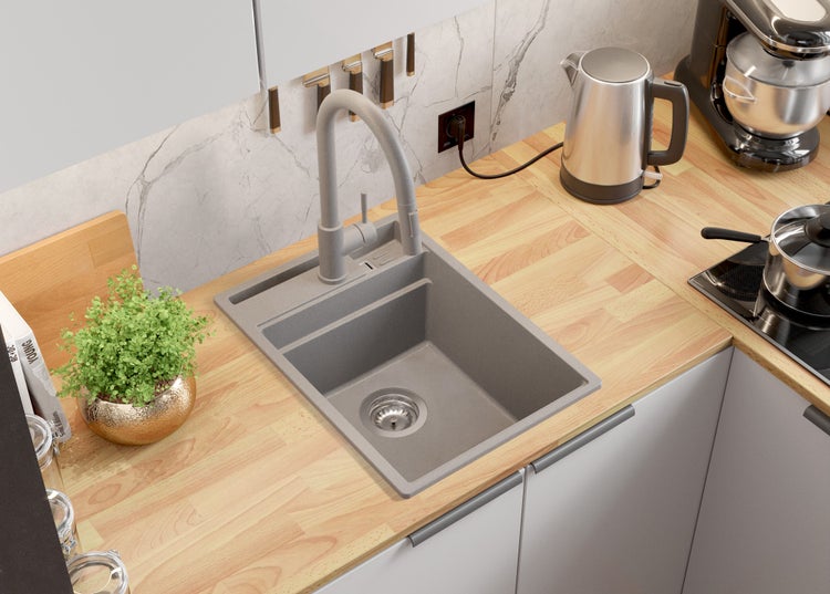 PRIMAGRAN Spülbecken Grau 38x53cm, Granitspüle 1 Becken + Ablauf-Set + Küchenzubehörset, Küchenspüle ab 40er Unterschrank - Oslo Pocket