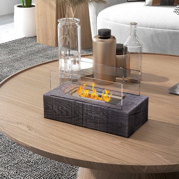 HOMCOM, Ethanol-Kamin, Bio-Ethanol-Brenner, 33L x 16B x 18H cm, Stein, gehärtetes Glas, Grau