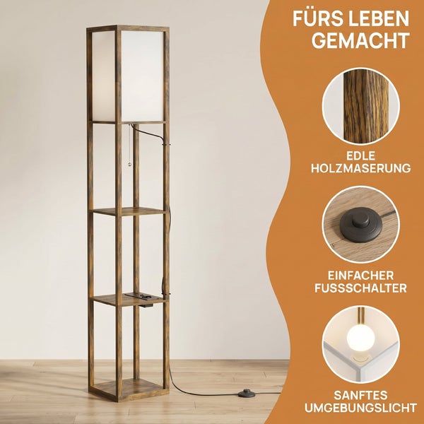 Regalstehleuchte aus Holz mit drei Ablagen, weißem Stoffschirm, USB-Anschluss und Fußschalter. Detailansichten zeigen Holzmaserung und Lichtquelle.