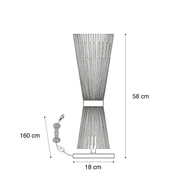 Technische Zeichnung einer Tischleuchte mit den Maßen 58 cm Höhe, 18 cm Durchmesser des Sockels und 160 cm Kabellänge