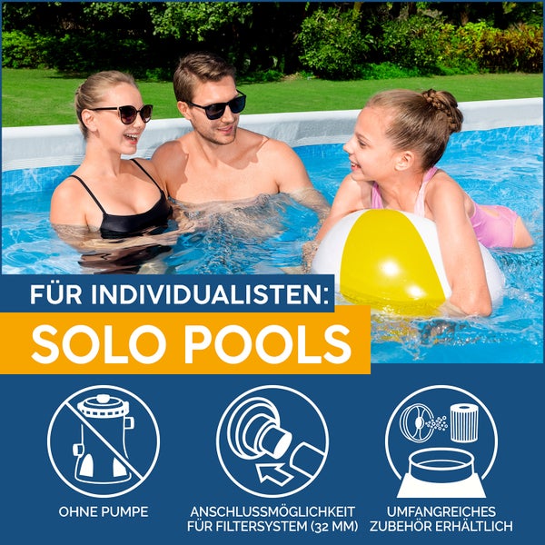Familie im Aufstellpool im Garten. Solo Pool ohne Pumpe, mit 32 Millimeter Anschluss für Filtersysteme und umfangreichem Zubehör.