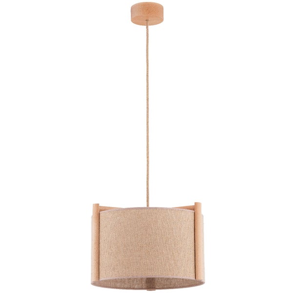 Moderne Pendelleuchte aus Holz mit zylindrischem Textilschirm und Textilkabel für eine wohnliche Raumbeleuchtung.