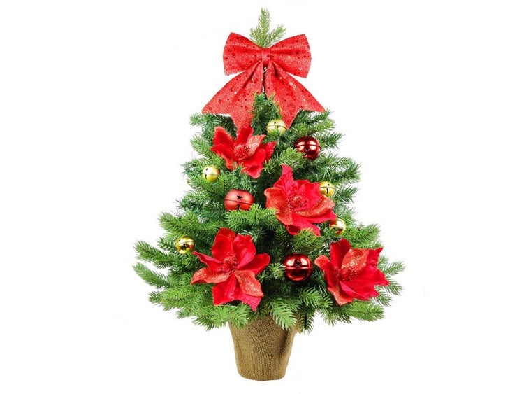 Künstlicher Weihnachtsbaum in Jutesack dekoriert mit Weihnachtssternen, Kugeln und Schleife