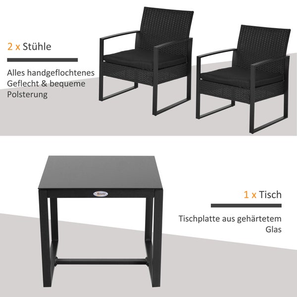 Outsunny 3-tlg. Gartenmöbel-Set, 63L x 57B x 76H cm, PE Polyrattan, Metall, Polyester, schwarz