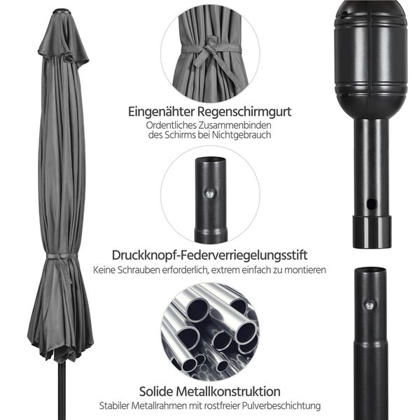 Detailansicht eines Sonnenschirms mit Regenschirmgurt, Knopf-Federverriegelungsstift und solider Metallkonstruktion